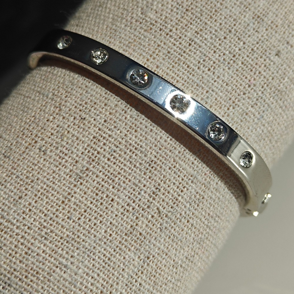 Silver Tone Hinged Bangle Bracelet Cuff Clear Round Crystals Polished Finish‎